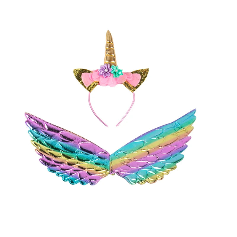 Unicorn Headband Girls' Fairy Rainbow Wings Flowers Headwear Accessory Unicorn Birthday Party Decoration Princess Dress Up Toys