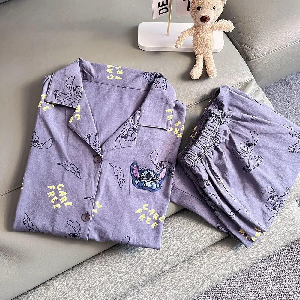 Cartoon Stitch Korean version ins couple pajamas, cute personality, comfortable summer cotton shorts, cardigan, loungewear set