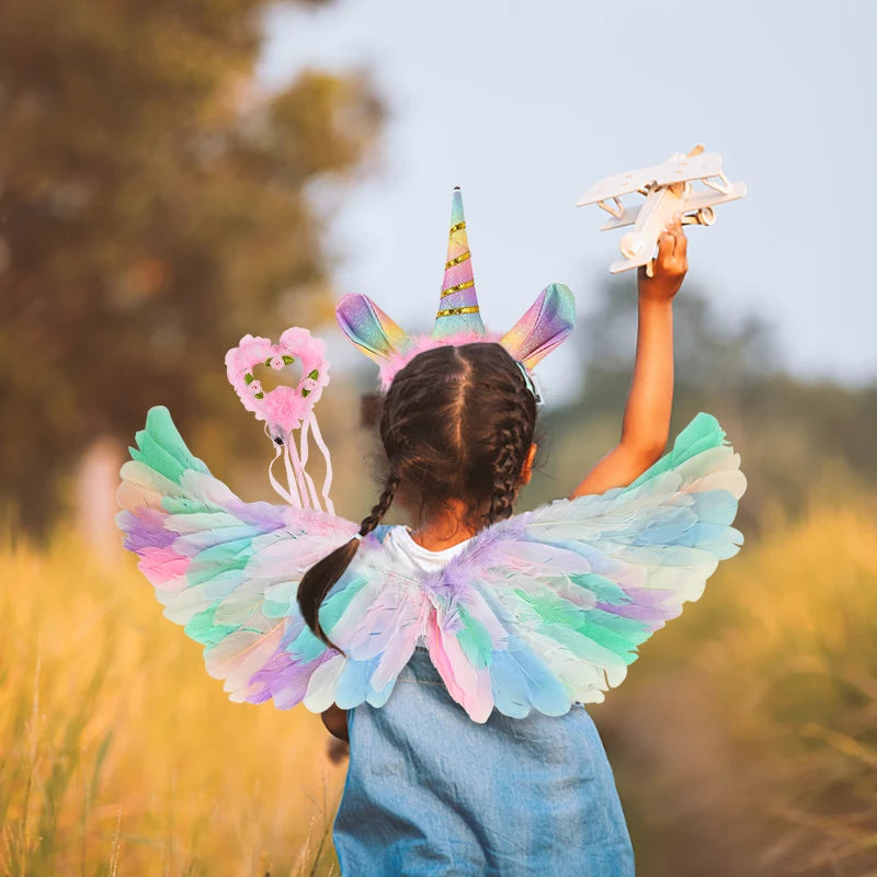 LED Colour Angel Feather Wings Girls Unicorn Halo Headband Fairy Stick Luminous Prop Cosplay Party Costume Glowing Accessories