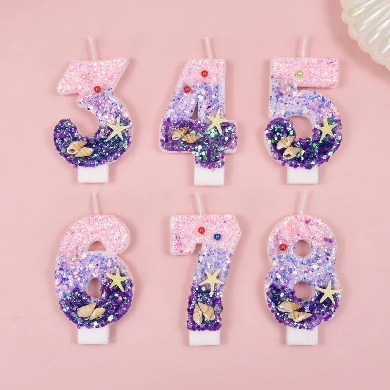 Mermaid Cake Candle Pink Purple 0-9Numbers Cake Topper Girl Little Mermaid Birthday Party Cake Decoration Supplies Under the sea