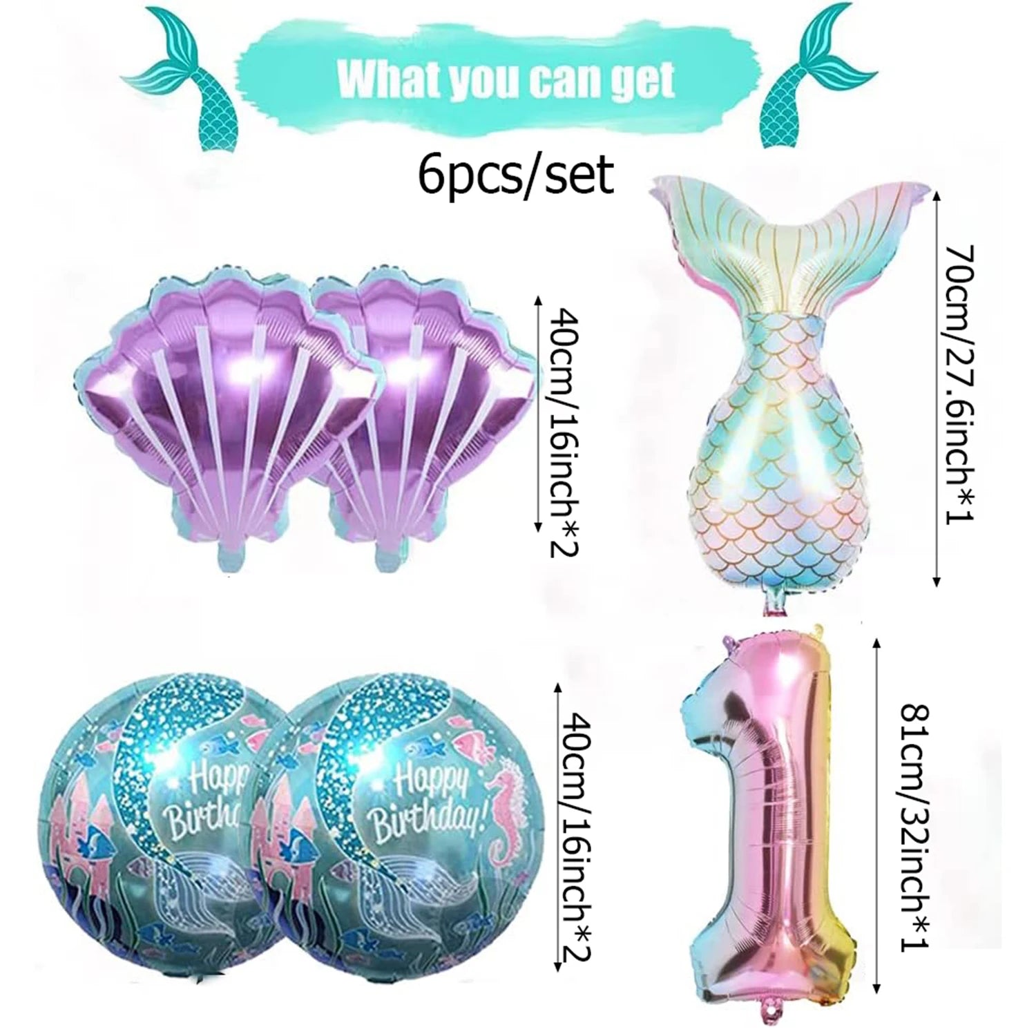 Mermaid Balloon 32 inch Digital Aluminum Foil Balloon Children's Birthday Party Decoration Baby Shower Decoration