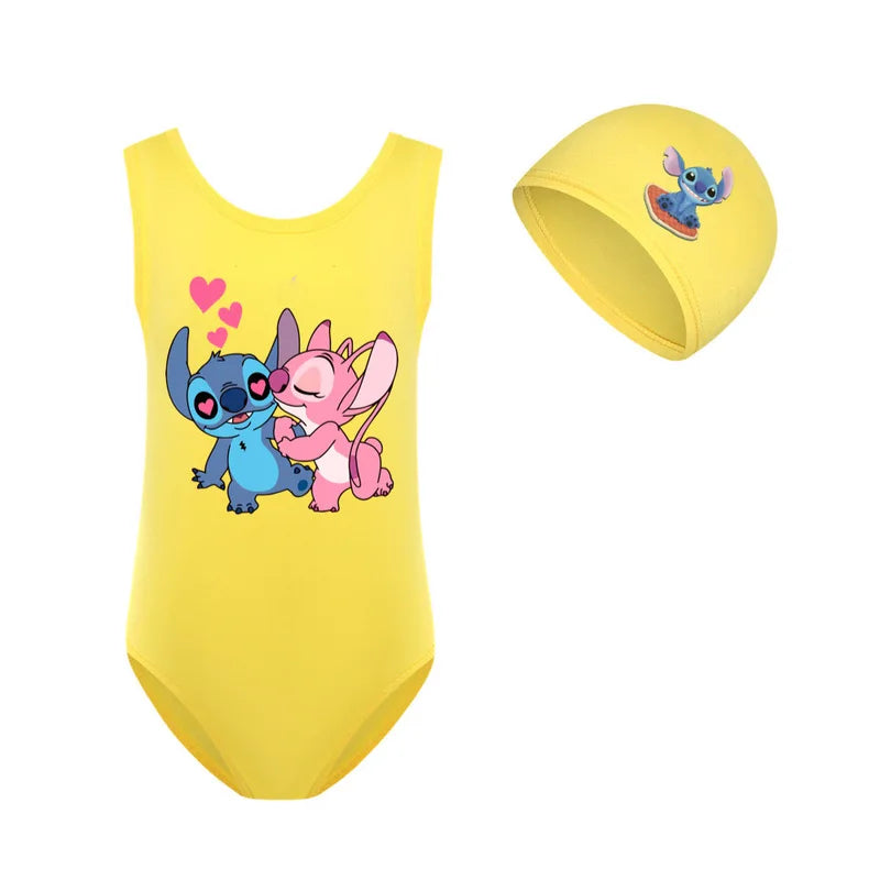 Kids Girls Swimwear Swimsuit Cartoon Lilo & Stitch Baby Swimming Cap Set Children Movement Outfit Learn To Swim Tops 3-14year