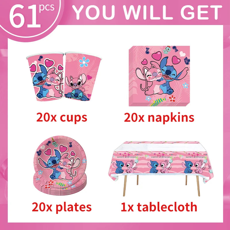 Lilo And Stitch Girl Party Birthday Decoration Set Party Supplies Tableware Stitch Balloon Banner Plate Napkin Tablecloth forkid