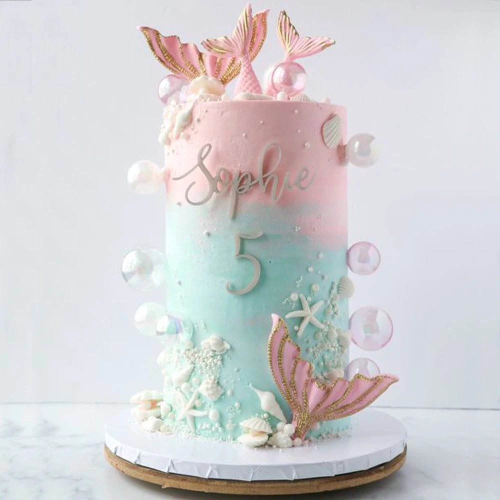 Mermail Cake Decoration Pink Purple Mermaid Tails Bubbles Shells Cake Toppers Under the Sea Theme Birthday Baby Shower Party Dec