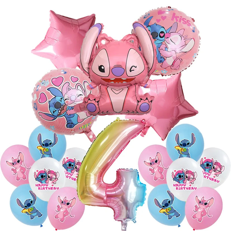 Stitch Birthday Party Decoration Pink Angel&Stitch Theme Event Supplies For Kids Balloon Disposable Tableware Banner Backdrop