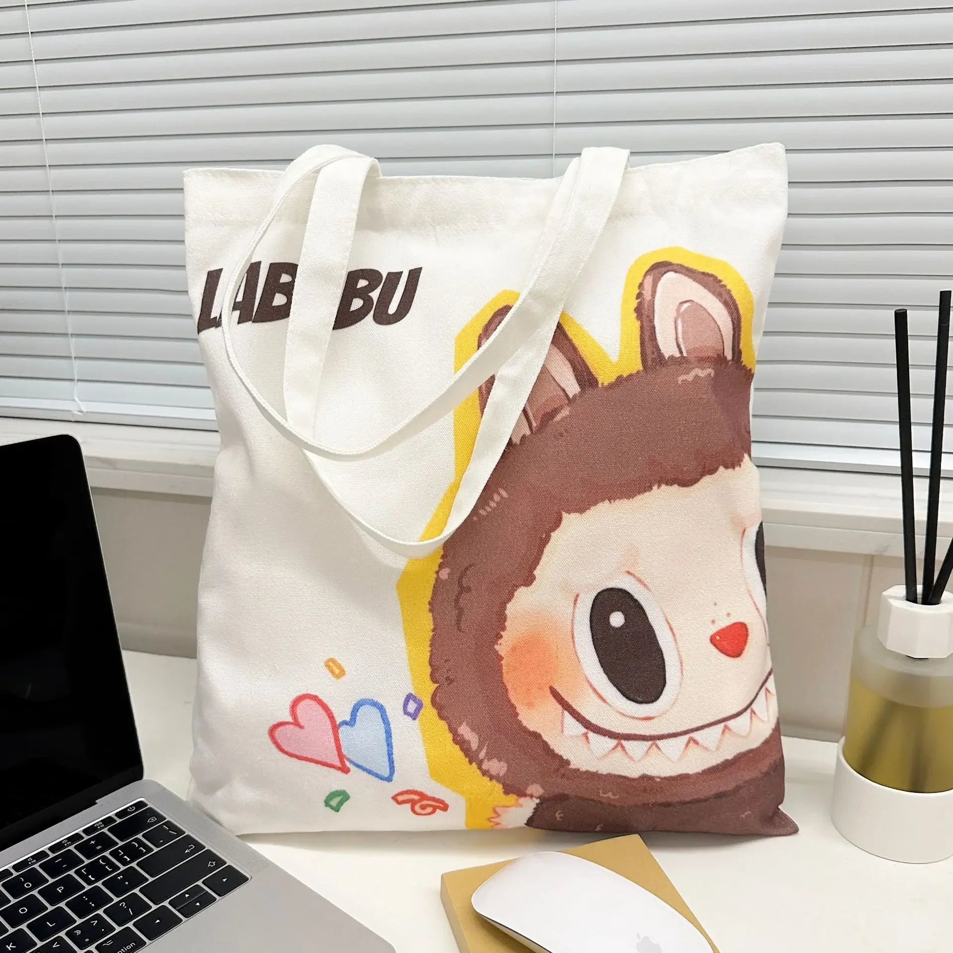 Lisa Same Labubu Canvas Bag Female Cute Cartoon Shopping HandBag Casual Student Shoulder Bag The Monsters Crossbody Bags
