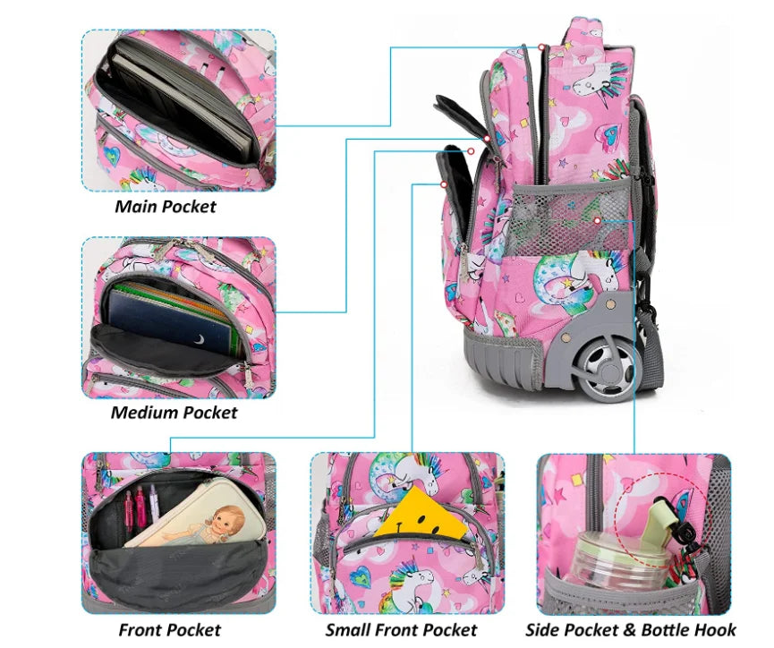 Children Rolling Backpack 16 inch Set 3 in 1 with Lunch Bag  Pencil Case for Girls Kids Travel Trolley Rolling Luggage Suitcase