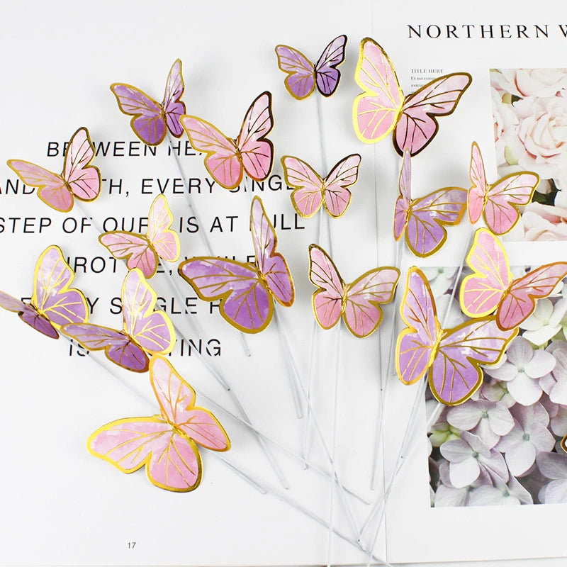 10pcs Dessert Cake Decor Butterfly Stamping Gold Butterfly Cake Toppers Princess Girl Wedding Happy Birthday Party Decor