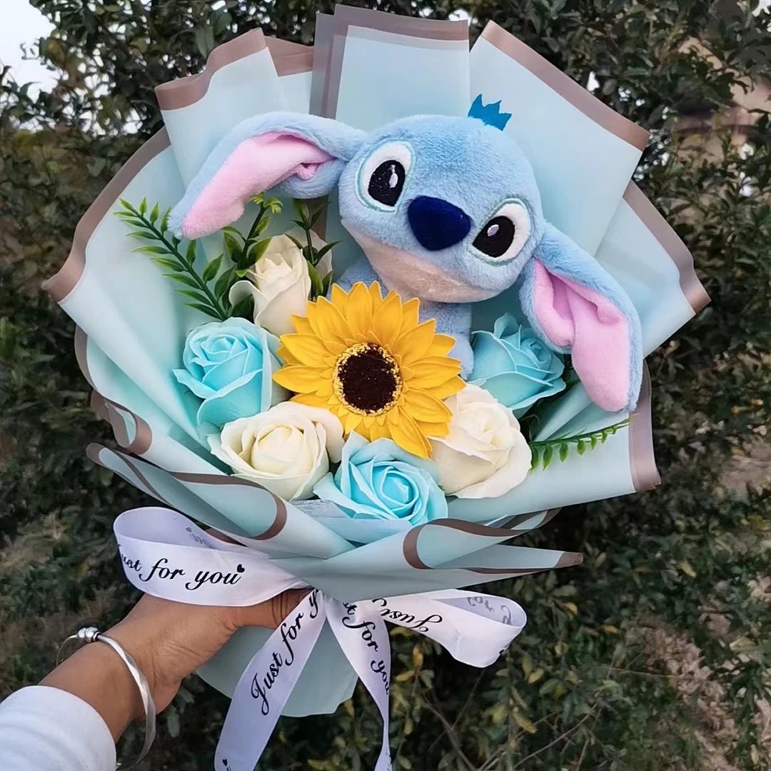 Lilo&Stitch Plush Bouquet Toy Christmas Gift Purple Blue Stuffed Rose Flower Soft Cute Cartoon Doll Valentine Graduation Gifts