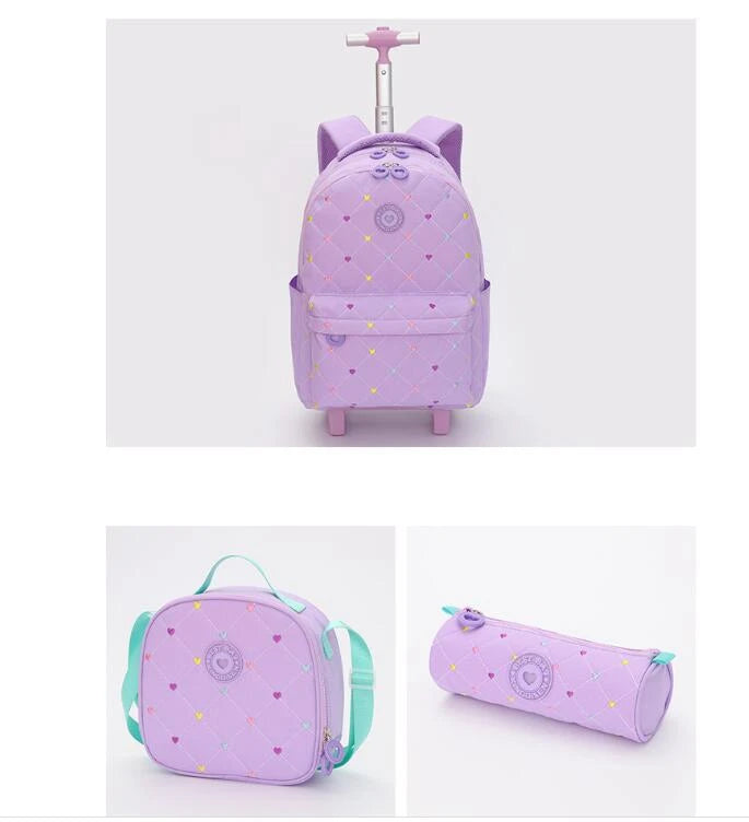 Rolling Backpack for Girls School Backpack with wheels Girls Travel Backpack Suitcases with Wheels Kids Backpack with Lunch Box