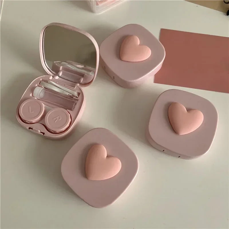 1PCS Women Mini Lovely Eyes Contact Lens Container Box Bag Travel Kit 2023 Girl Cute Heart Contact Lens Case Box with Mirror