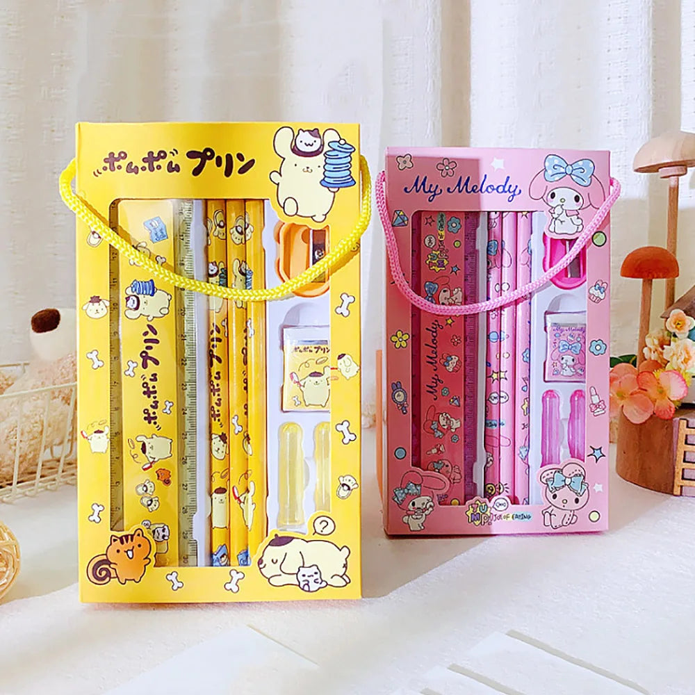 Sanrio Hellokitty Cinnamoroll Melody Kuromi Stationery Set Pencils Erasers Rulers Cartoon School Supplies Study Stationery Gifts