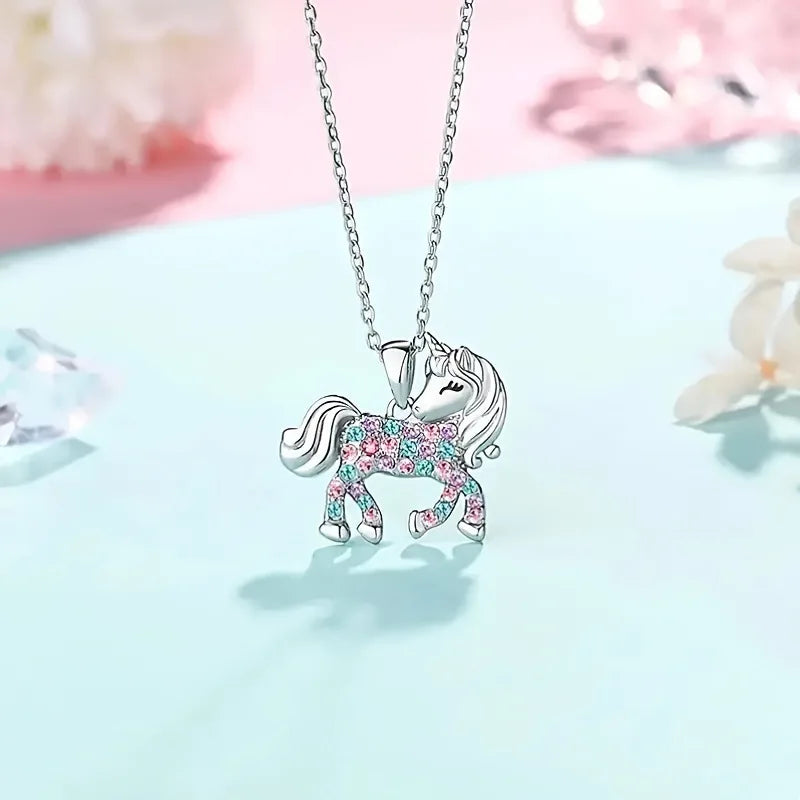 Cute Rainbow Horse Necklace Colorful Crystal Unicorn Pendant Necklaces For Women Girls Boys Christmas Gifts