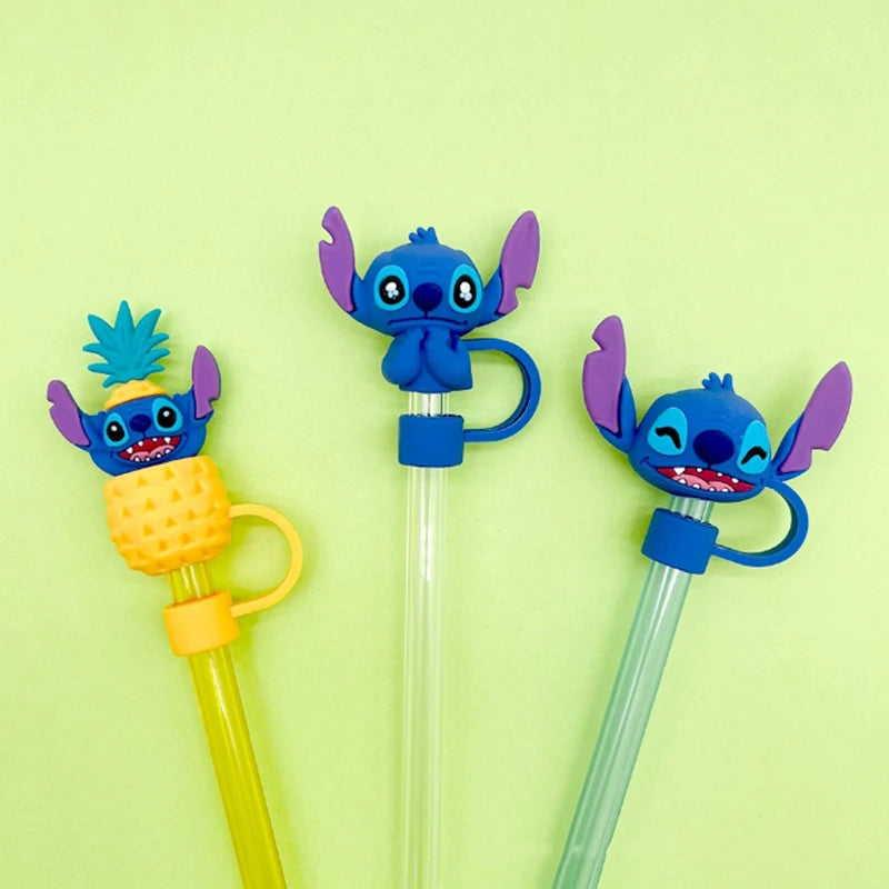 MINISO 10mm Straw Cap Stitch Kawaii Cute Student Anime Cartoon Cups Straw Sleeves Dust Plug Decorations Toys Boys Girls Gifts