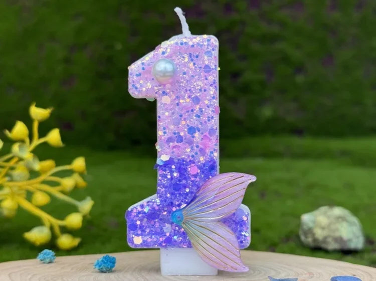 Purple Mermaid Tail Glitter 0-9 Number Candle Birthday Party Candle for Girls Cake Decoration