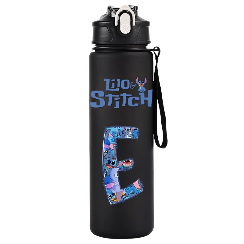 750ml Water Bottle Letter A-Z Printed Lilo Stitch Black Large Capacity Drinking Cup Portable Outdoor Sport Water Cup Kid Gifts
