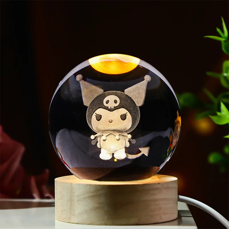3D Crystal Ball Stitch Pikachu Kuromi Princess Hello Kitty Crystal Mini Night Lamp Desk Decoration Boy Girl Gifts