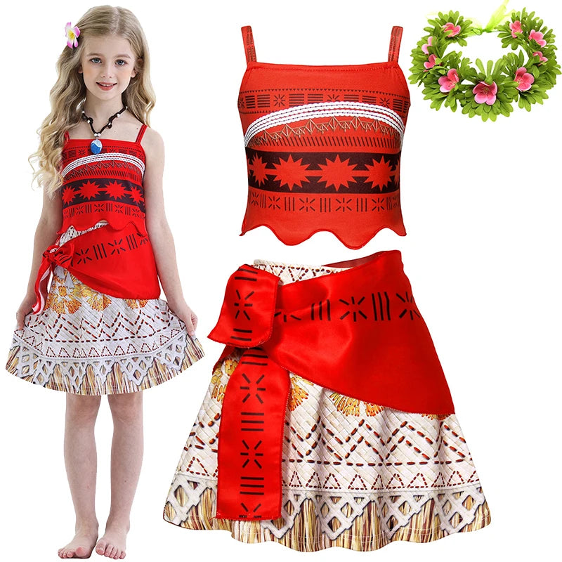 Moana New Dress Girls Princess Clothes Kids Dress Up Vaiana Necklace Pig Chick Children Carnival Party Summer Costume Set 2-10T
