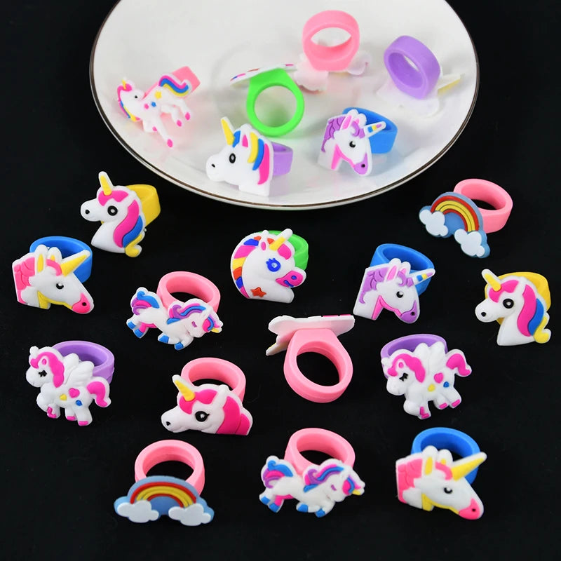 6/10pcs Cartoon Unicorn Butterfly Ring Girls Jewelry Silicone Ring Toys For Kids Unicorn Birthday Party Decor Gifts Filler Prize