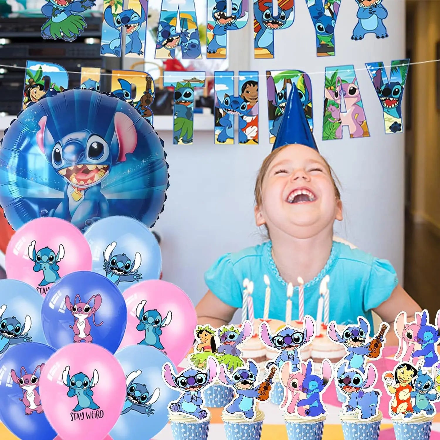 Lilo & Stitch Cartoon Anime Theme Birthday Scene Decoration Supplies Party Decorations,Banners,Balloons,Flag Pulling Party Set