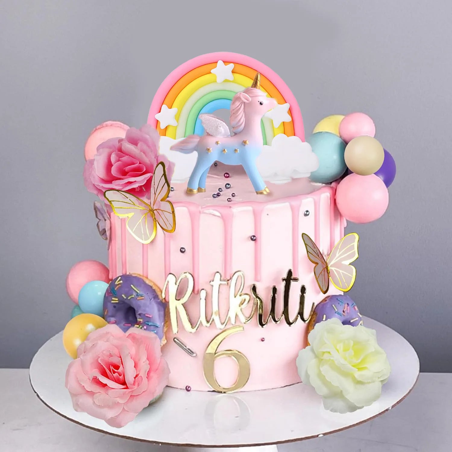 47PCS Unicorn Cake Topper Rainbow Cake Decorations with Butterflies Unicorn Balls Birthday Cake Decoration for Boys And Girls