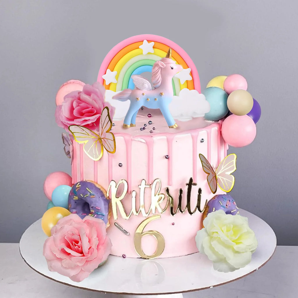 47PCS Unicorn Cake Topper Rainbow Cake Decorations with Butterflies Unicorn Balls Birthday Cake Decoration for Boys And Girls