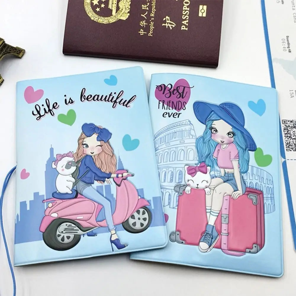 Gift Cartoon Girl Passport Cover PU Waterproof Certificate Protective Sheath Card Holder Multi-function ID Card Holder Unisex