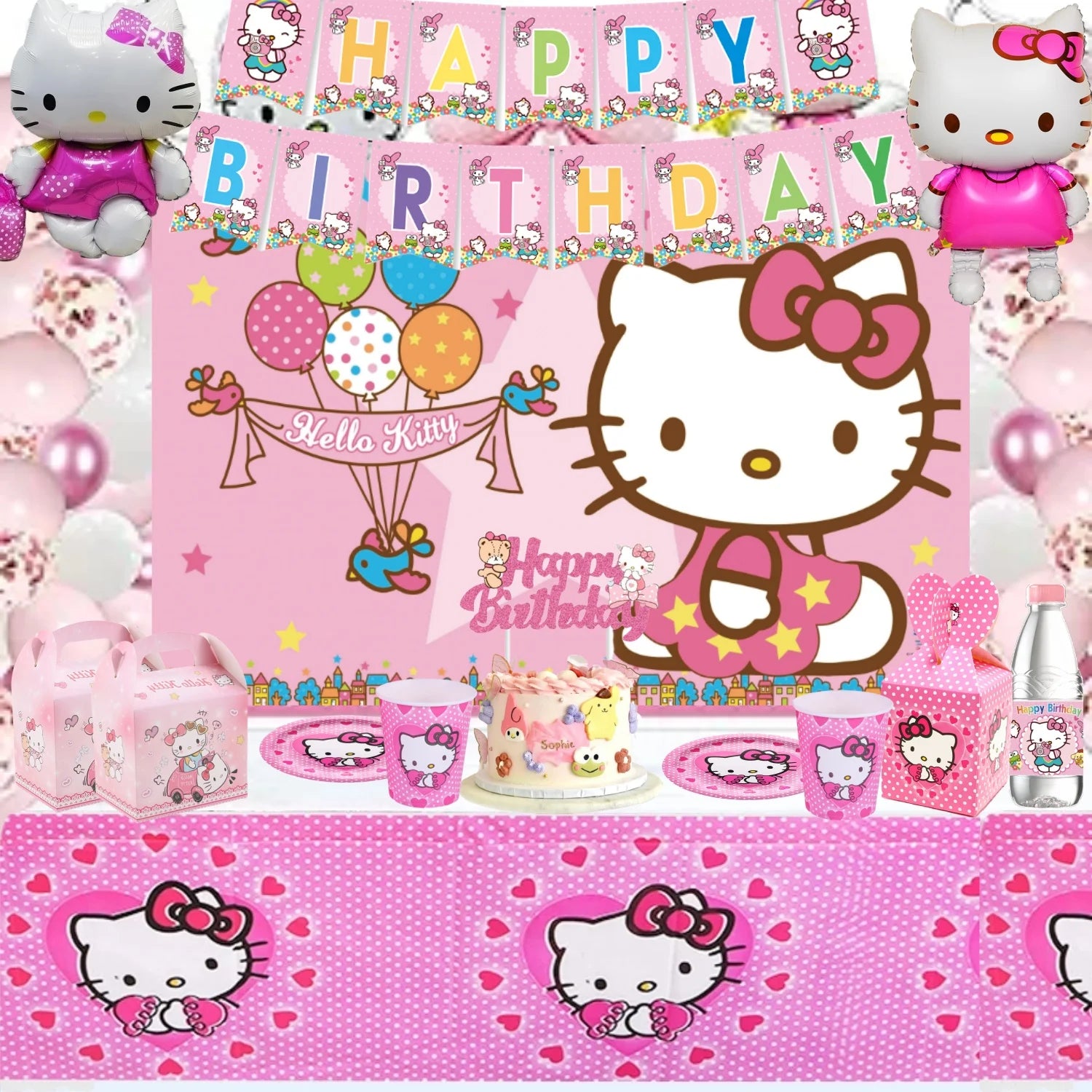 Hello Kitty Birthday Party Decorations Kawaii Cat Tableware Plate Tablecloth Baby Shower DIY stickers Girls Gifts Party Supplies