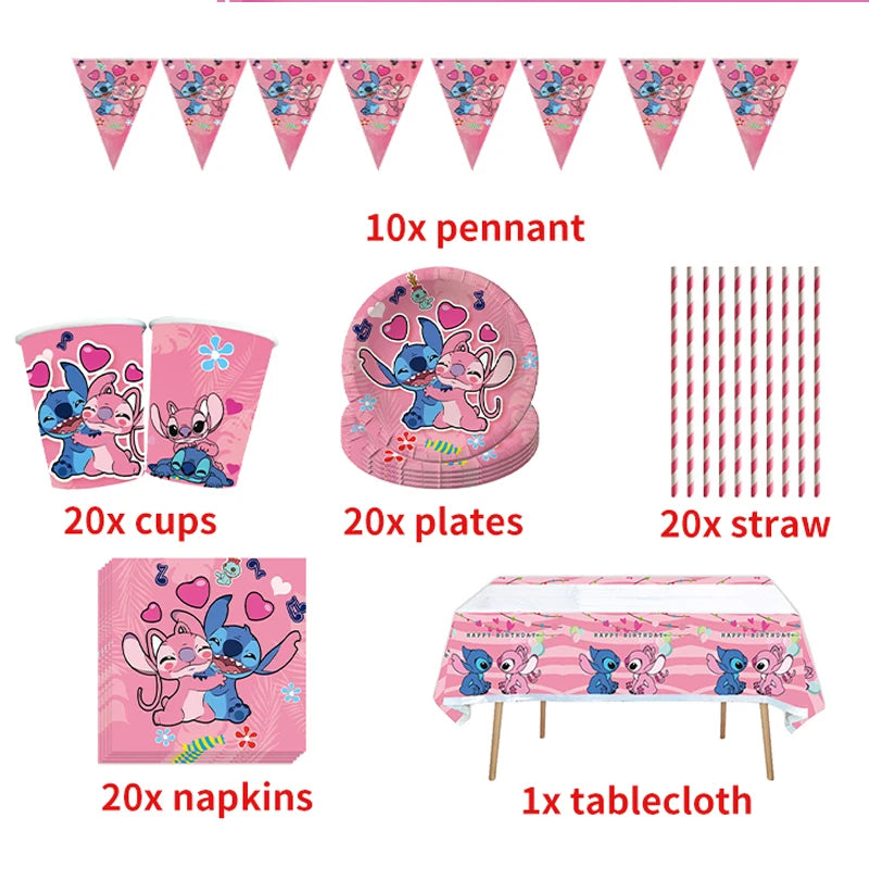 Lilo & Stitch Birthday Decorations Pink Girls Paper Cups Plates Napkins Cake Topper Tableware Set Balloons Decor Party Supplies