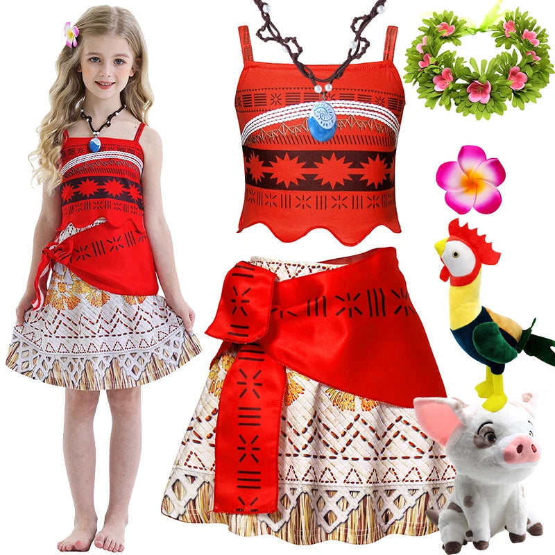 Moana New Dress Girls Princess Clothes Kids Dress Up Vaiana Necklace Pig Chick Children Carnival Party Summer Costume Set 2-10T