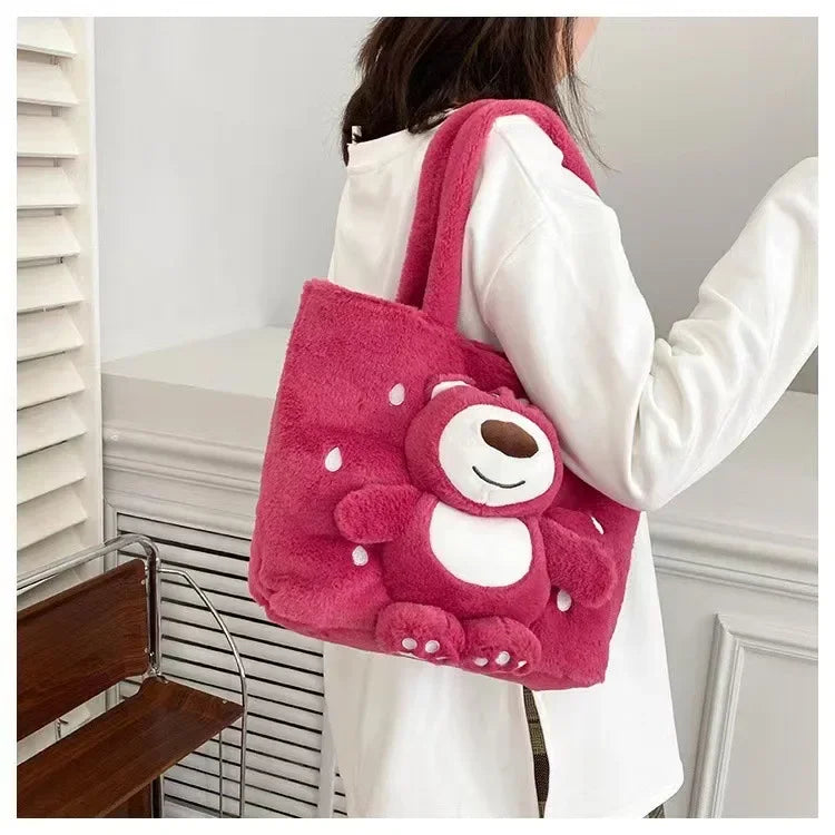 MINISO 2024 New Cartoon Plush Doll Shoulder Bag Sweet and Cute Stitch Strawberry Bear Soft Cute Girls Handbag