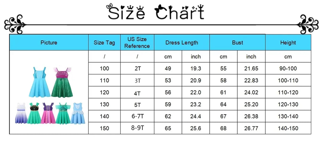 Elsa Anna Dress for Girl Birthday Party Cosplay Rapunzel Mermaid Ariel Cinderella Princess Costume Kid Summer Casual Clothes