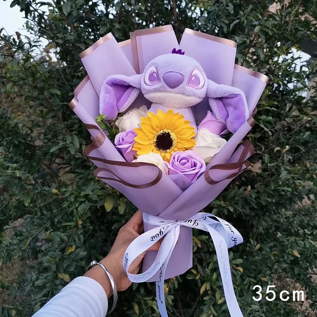 Lilo&Stitch Plush Bouquet Toy Christmas Gift Purple Blue Stuffed Rose Flower Soft Cute Cartoon Doll Valentine Graduation Gifts