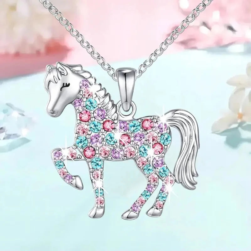 Cute Rainbow Horse Necklace Colorful Crystal Unicorn Pendant Necklaces For Women Girls Boys Christmas Gifts