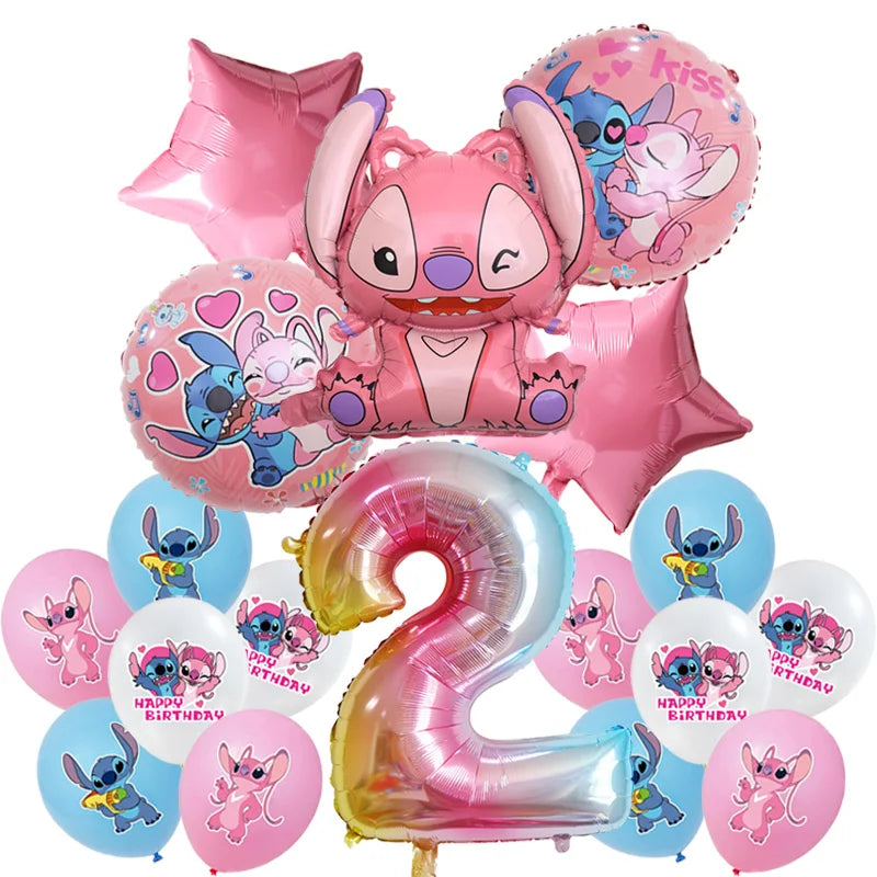 Stitch Birthday Party Decoration Pink Angel&Stitch Theme Event Supplies For Kids Balloon Disposable Tableware Banner Backdrop