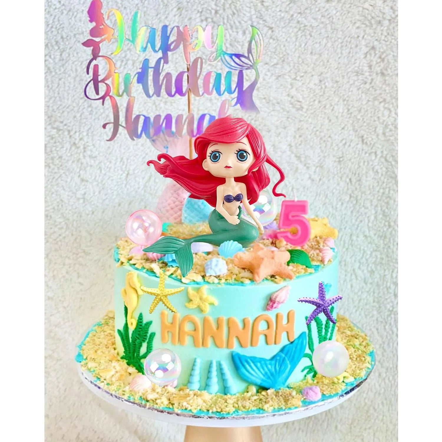 Mermaid Cake Topper Big Mermaid Tails Seaweed Bubbles Shells and Golden Ginkgo Leaves Cake Set for Mermaid Cake Decorations