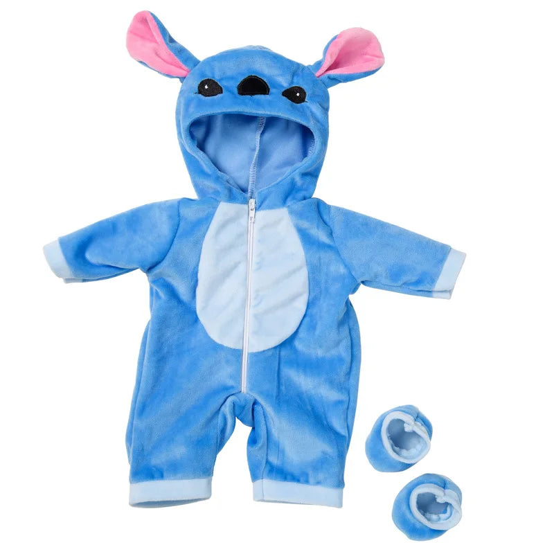 New Stitch 18/22inch Dolls Clothes Conjoined Pajamas with Hat Doll Baby Reborn Hoodies Rompers Kids Birthday Festival Gifts Toys
