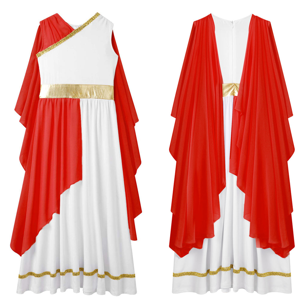 Kids Girls Ancient Greek Princess Toga Goddesses Costume Party Grecian Sleeveless Gown Dress Shawls Patchwork Flowy Tulle Dress