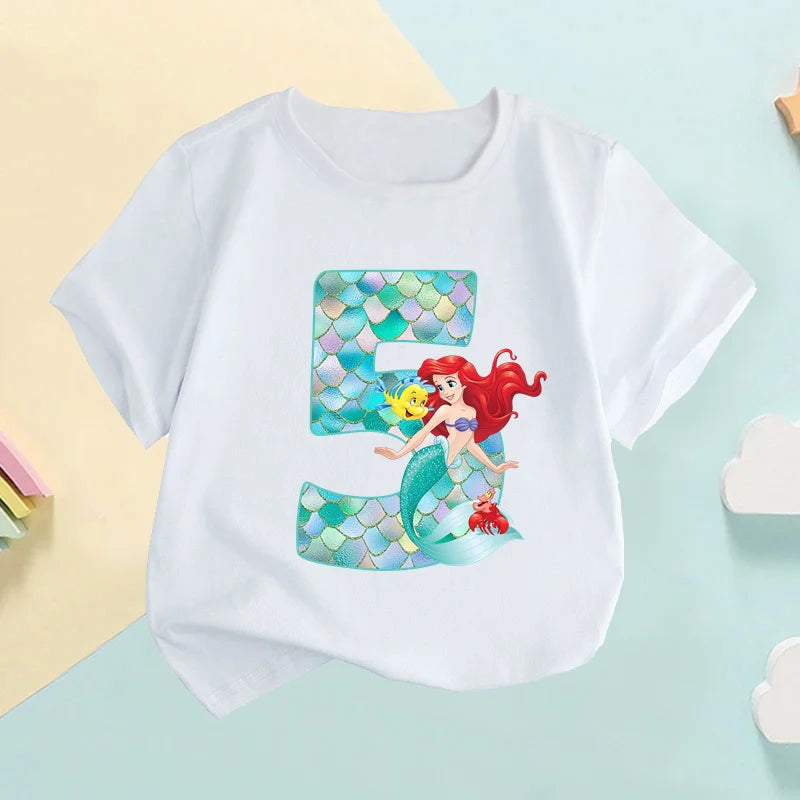 The Little Mermaid Ariel Princess Number Print Girls Clothes 1 2 3 4 5 6 7 8 9 Years Birthday Kids T shirt Baby T-Shirt,HKP2697