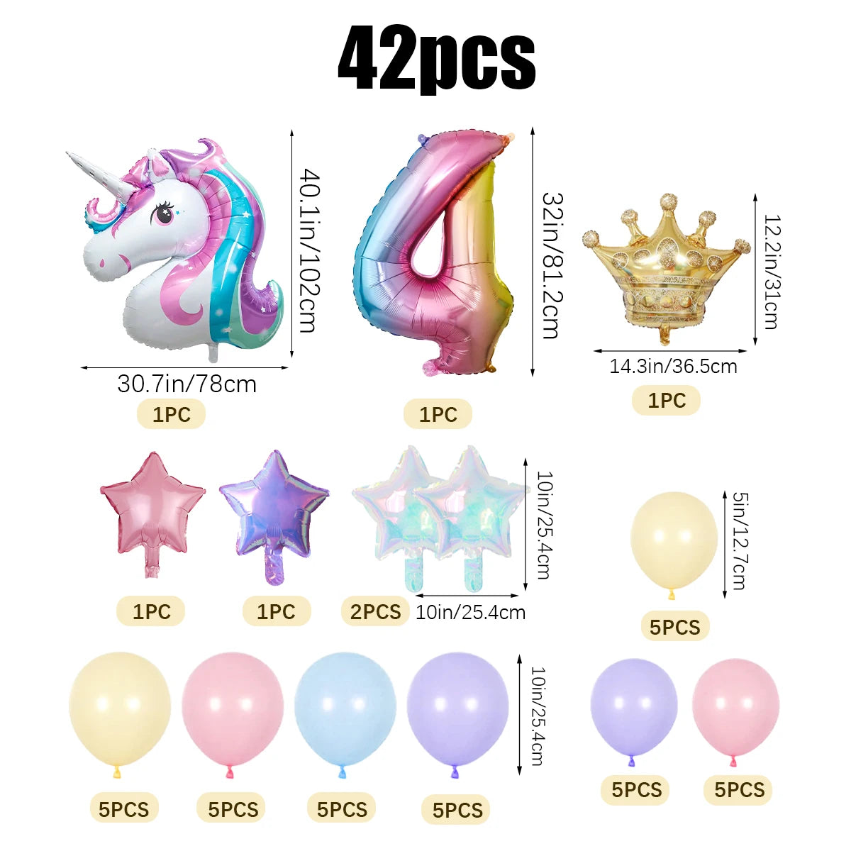42pcs Unicorn Rainbow Color Numbers 0-9 Mini Crown Aluminum Film Balloon Set Girls Unicorn Theme Birthday Party Decorations