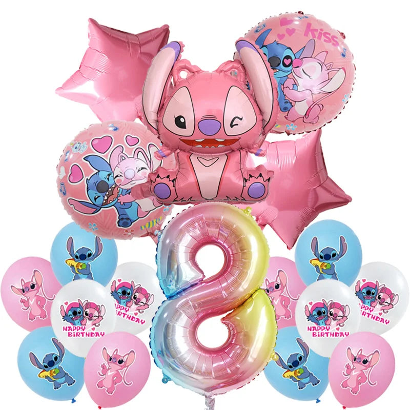Stitch Birthday Party Decoration Pink Angel&Stitch Theme Event Supplies For Kids Balloon Disposable Tableware Banner Backdrop
