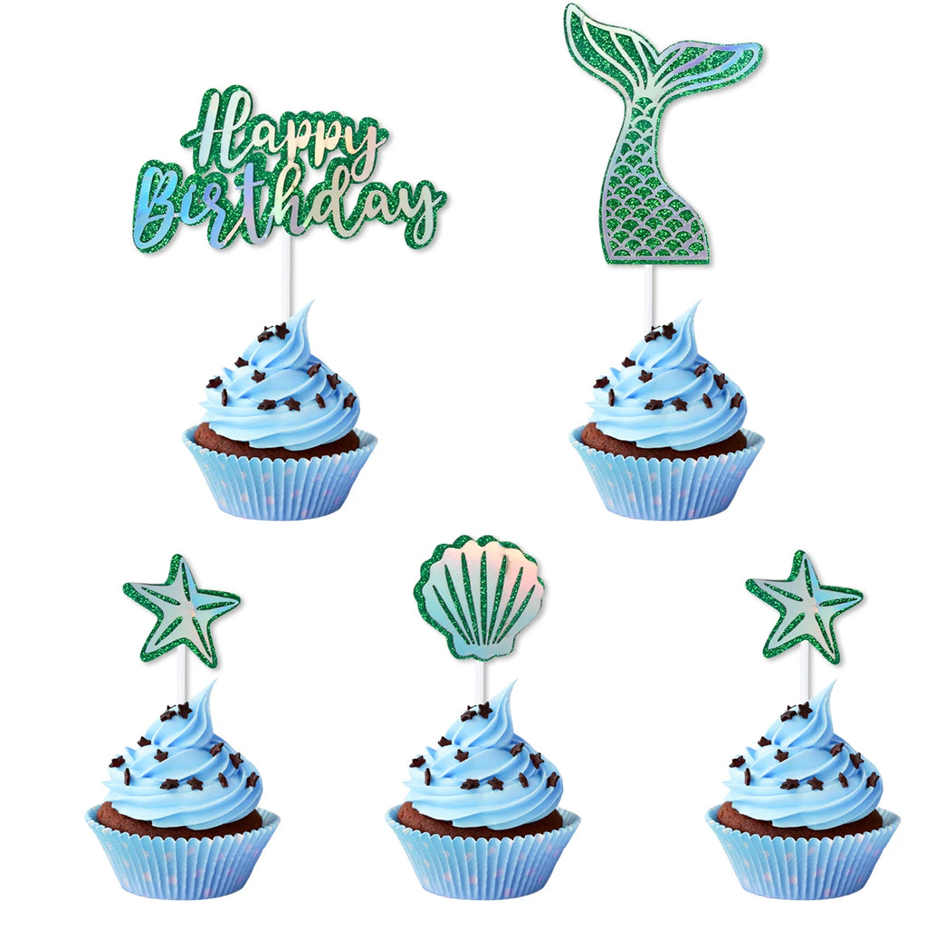 Mermaid Party Cake Decor Glitter Shell Starfish Mermaid Tail Cake Topper Under the Sea Girls 1st 2th Birthday Cupcake Topper