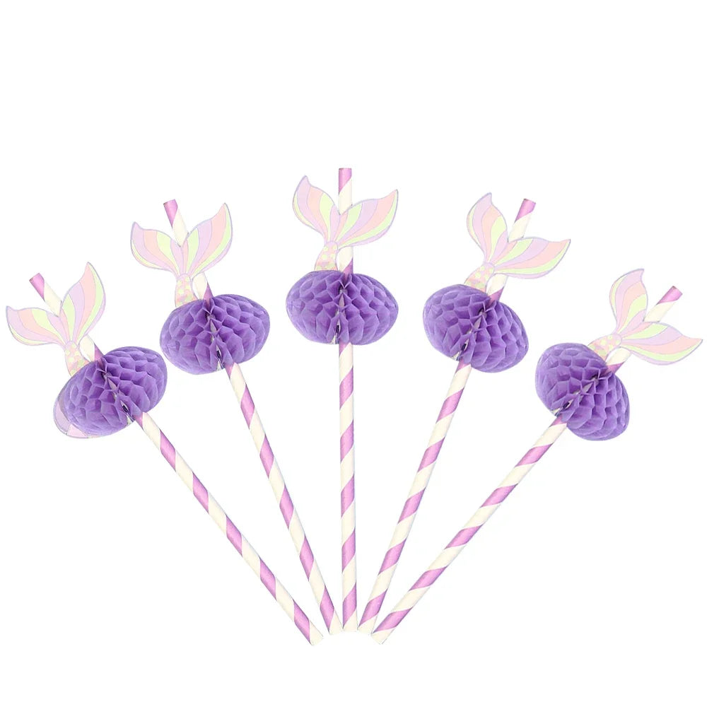10pcs Purple Mermaid Paper Honeycomb Ball Straw Girls Mermaid Birthday Baby Shower Party Under The Sea Party Supplies Kids Favor