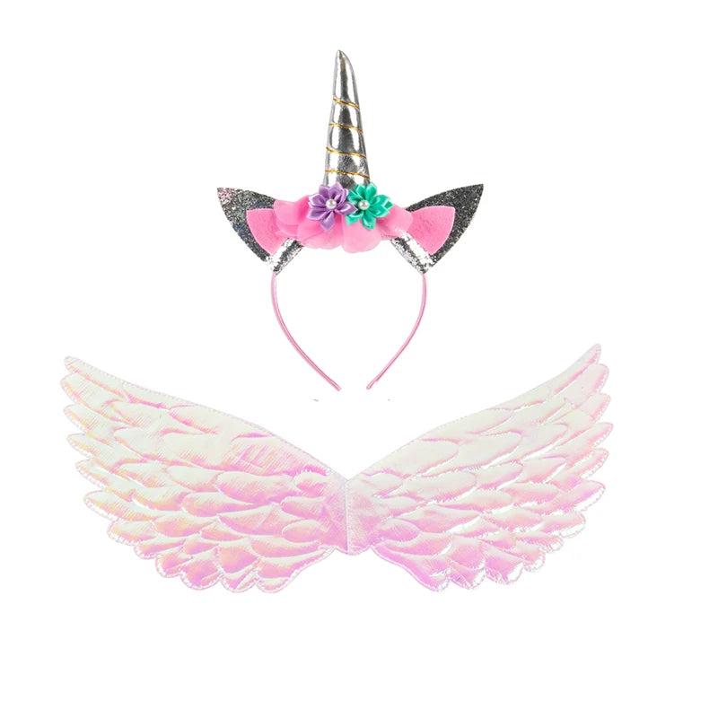 Unicorn Headband Girls' Fairy Rainbow Wings Flowers Headwear Accessory Unicorn Birthday Party Decoration Princess Dress Up Toys
