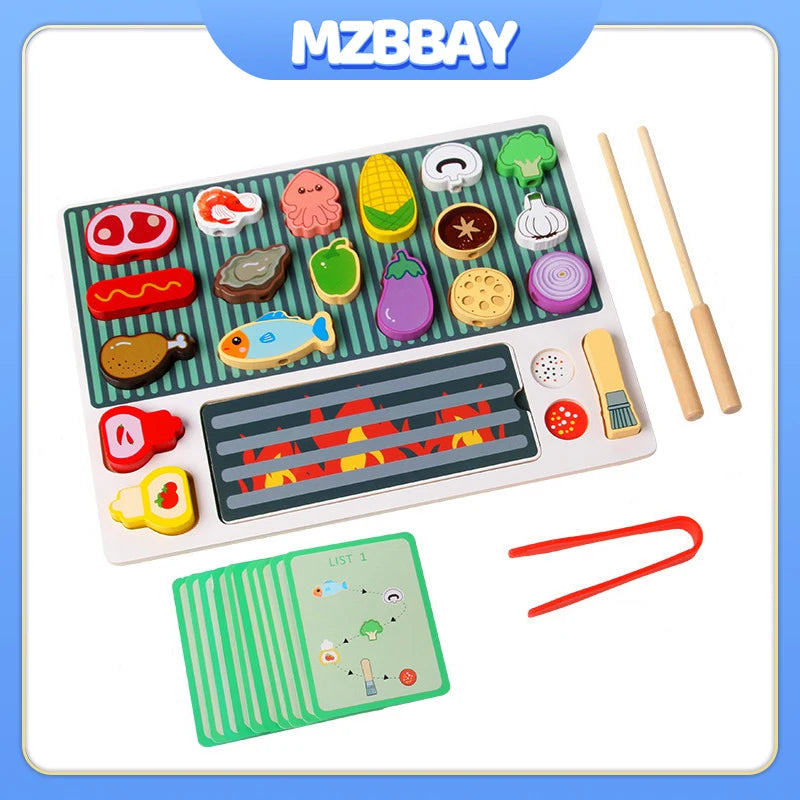Children Wooden Barbecue Toys Kids Wooden Simulation Food Barbecue Cooking Kitchen Toys Parent-Child Interaction Play House Toys