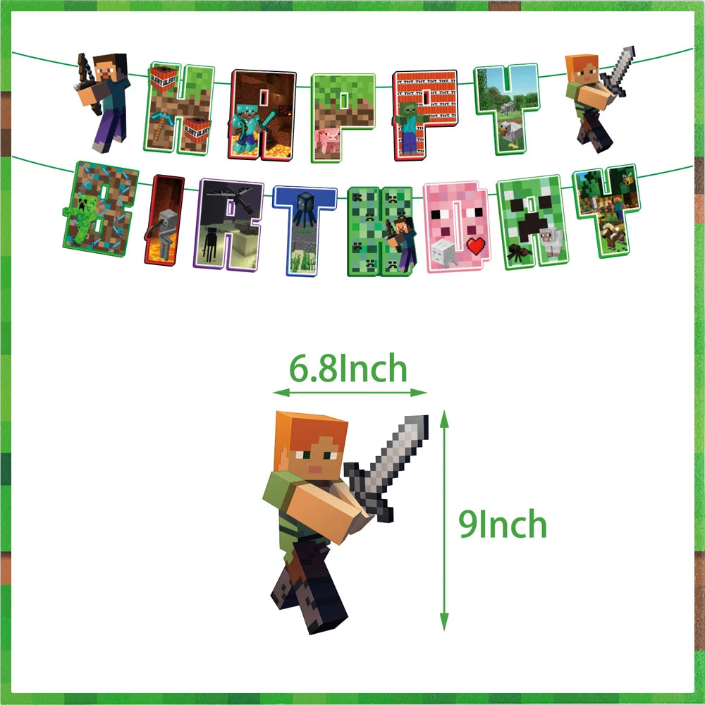 Miner Crafting Pixel Video Game Party Decor Disposable Tableware Backdrop For Kids Party Supplies Cup Plate Banner Toy Gifts