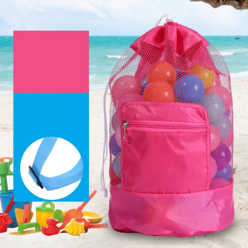 Foldable Beach Toy Bag Beach Storage Pouch Tote Mesh Bag Travel Toy Organizer Sundries Net Drawstring Storage Backpack