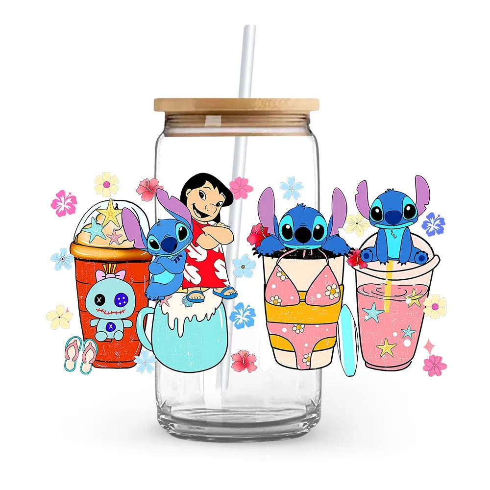 Stitch Love Cartoon Anime Stickers Romantic UV DTF Transfer Sticker Self-Adhesive Individualized Cup Adornments