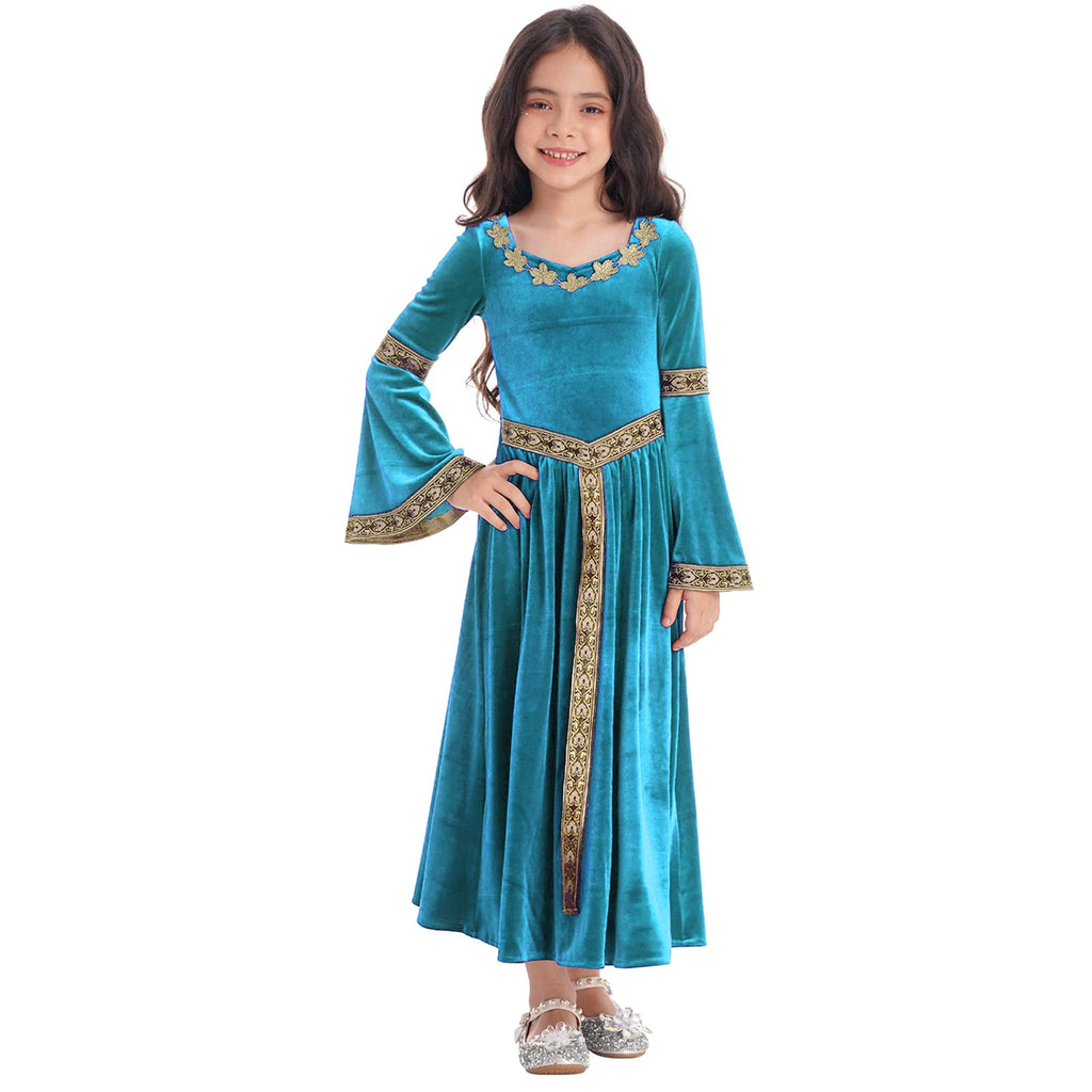 Girls Medieval Renaissance Velvet Dress Princess Queen Cosplay Costume Christmas Xmas Halloween New Year Carnival Party Dress