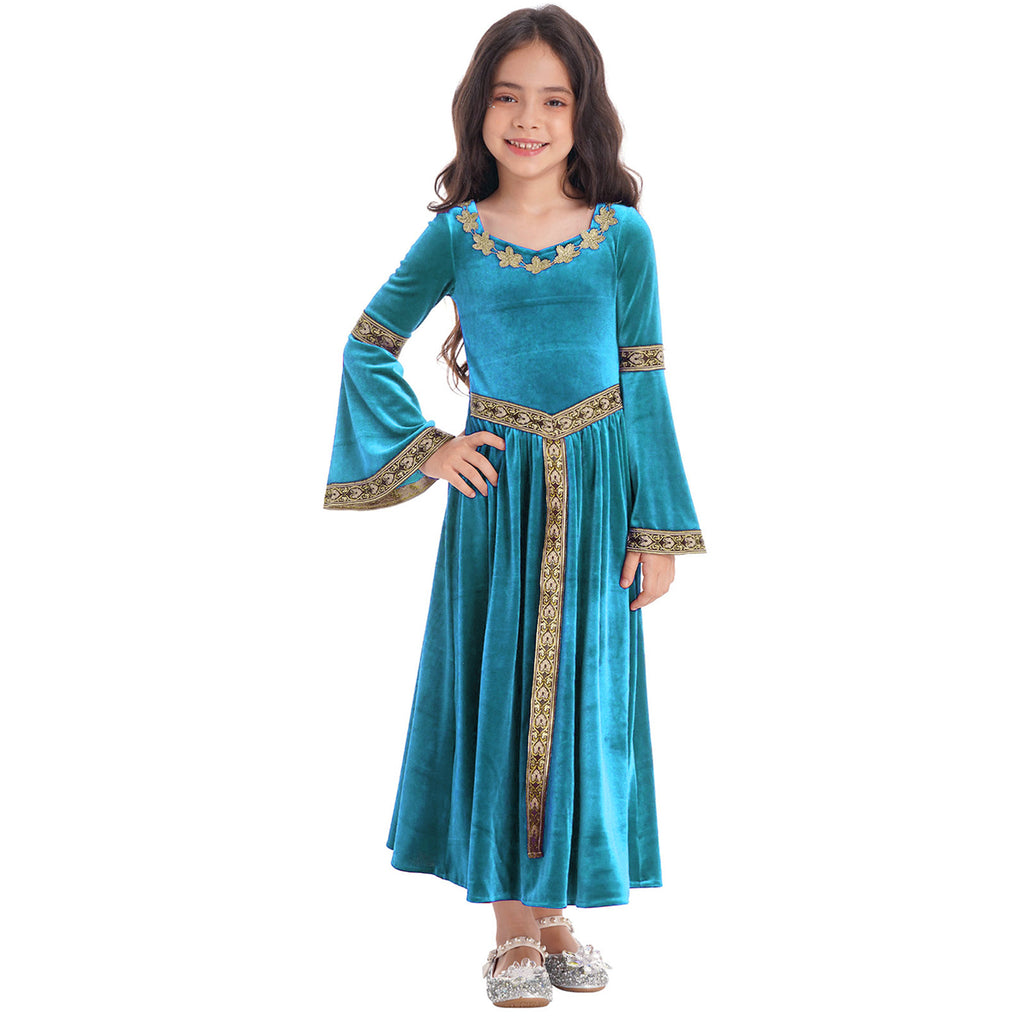 Kids Girls Medieval Renaissance Princess Costume Velvet Long Flare Sleeve Vintage Dress Gown Carnival Party Cosplay Dress Up